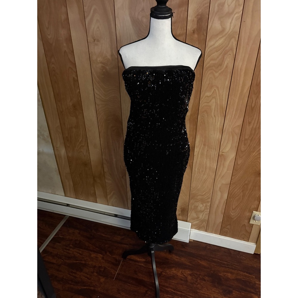 Fashion Nova Black Sequin Strapless Midi Dress SHD1928 Womens Large Bodycon Tube